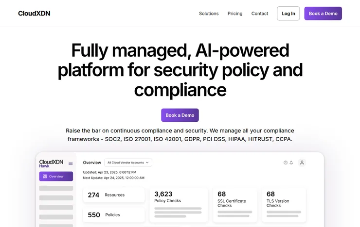 CloudXDN website homepage: fully managed, AI-powered platform for security policy and compliance