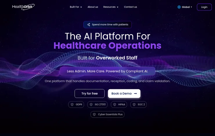 HealthOrbit AI website homepage: the AI platform for healthcare operations