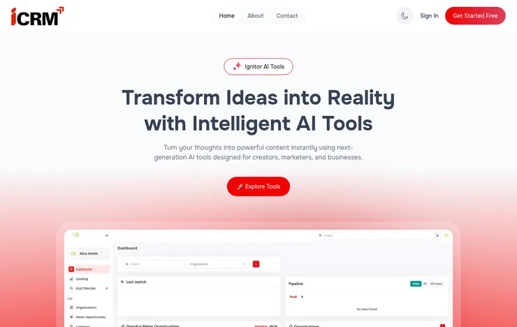 Ignitor CRM website homepage with a CRM dashboard preview