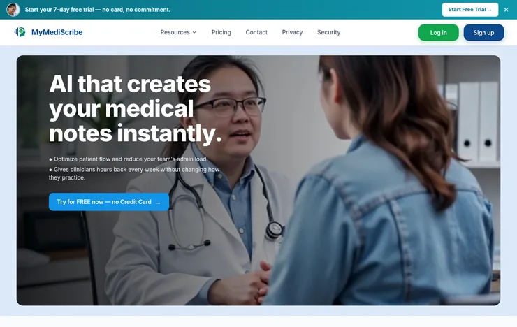 MyMediScribe website homepage: AI that creates your medical notes instantly