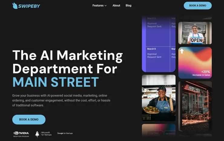 SWIPEBY website homepage: the AI marketing department for Main Street