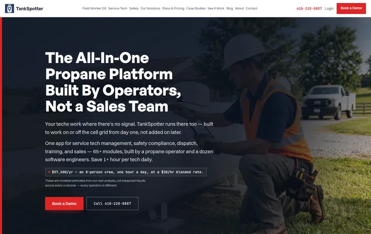 TankSpotter website homepage: the all-in-one propane platform built by operators